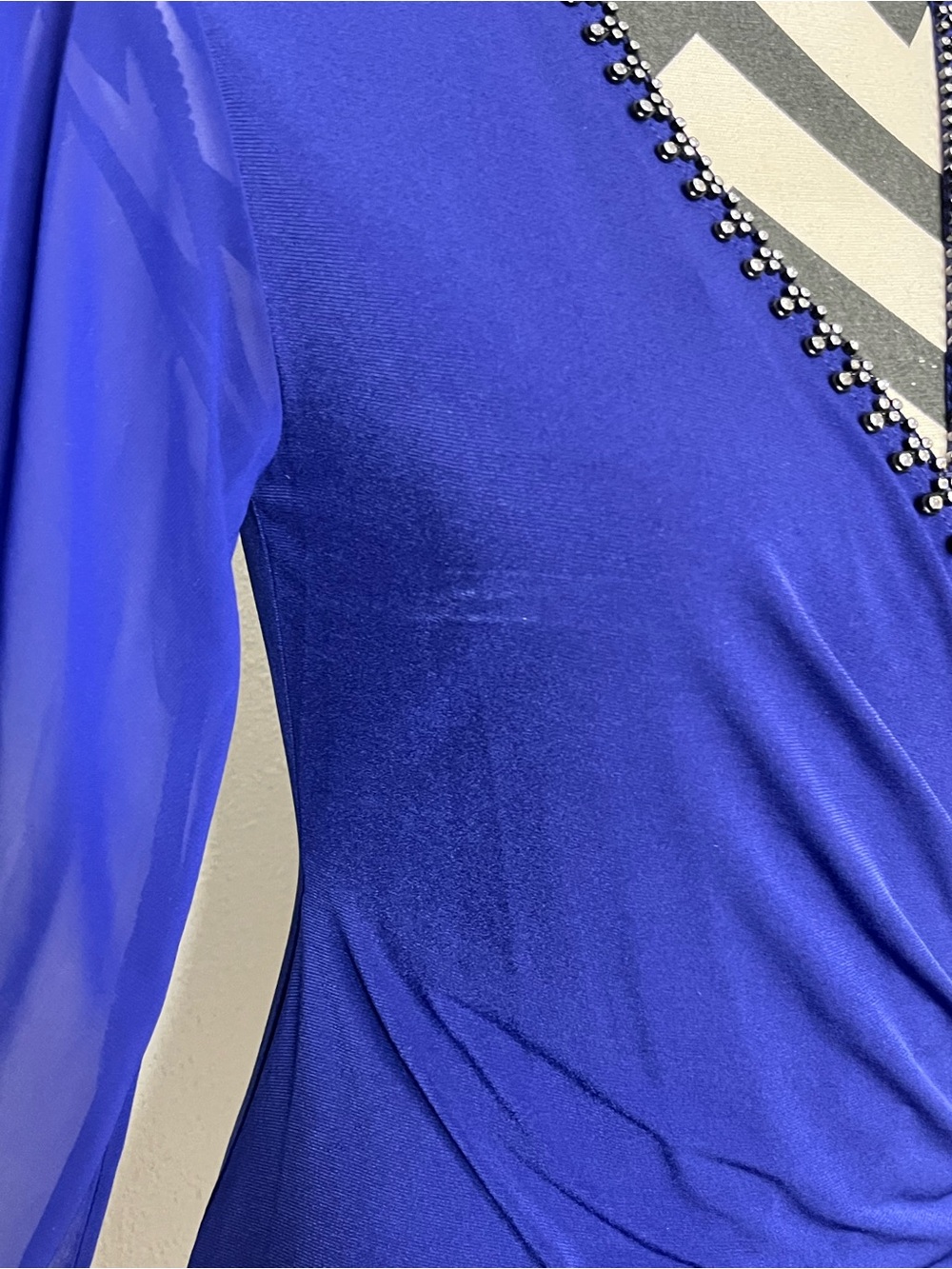 Royal Blue Sheer Bell-Sleeve V-Neck Faux Wrap Cocktail Evening Blouse Sz S - Picture 11 of 16